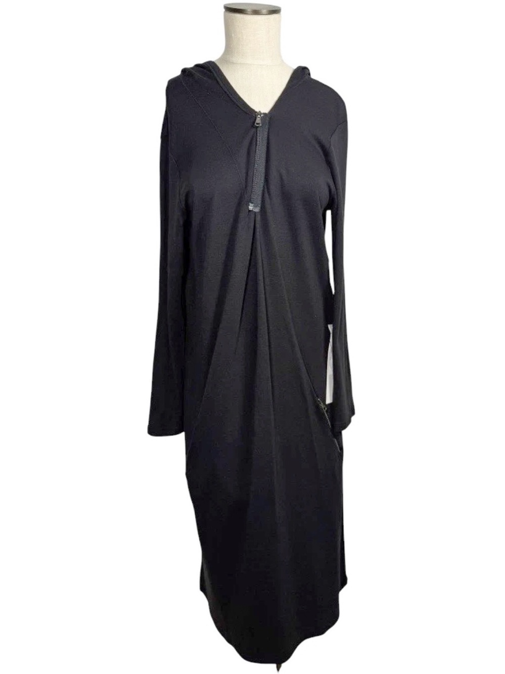 NWT LURDES BERGADA Long Sleeve Lagenlook Hooded 1/4 Zip Black Maxi Dress Sz S